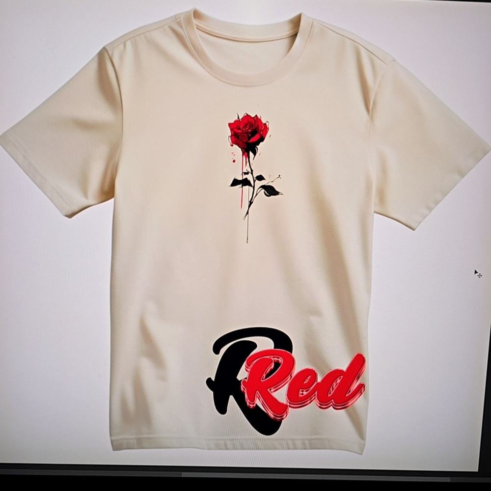 Elegant Cream T-Shirt with Red Rose Design